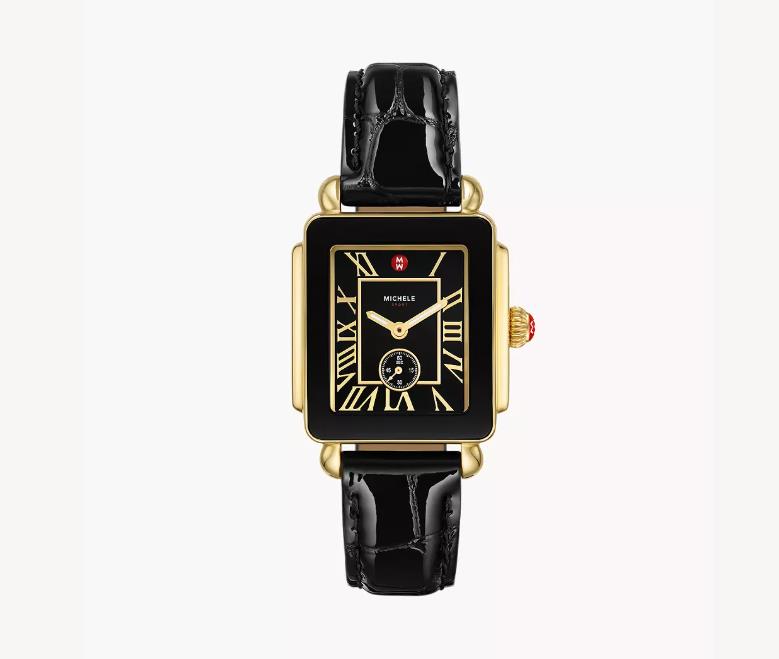 Michele Deco Sport Mid Gold-Plated Noir Leather Watch (MWW06H000004)