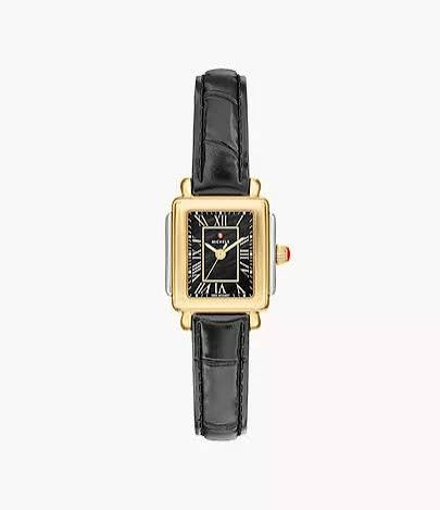 Michele Two Tone Deco Madison Mini Black Leather Watch
Black Mother of Pearl