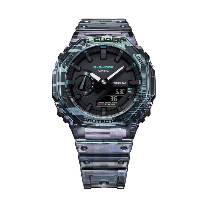 Casio G-SHOCK  2100 Series Black Dial Transparent Purple Glitch Pattern Resin Watch (GA2100NN-1A)