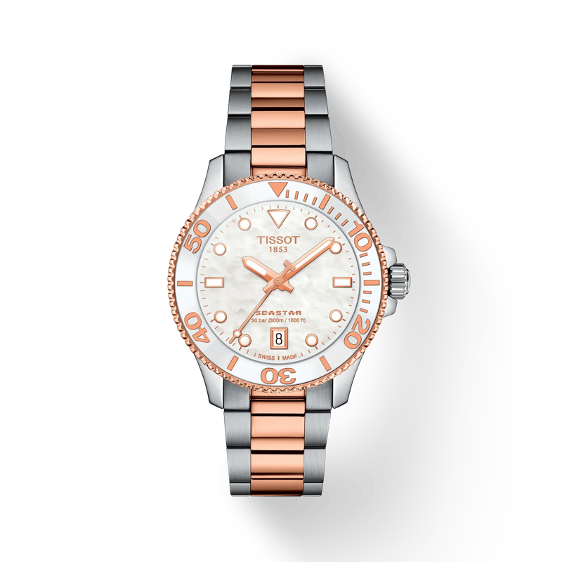 Tissot Seastar 1000 Quartz 36mm (T1202102211100)
316L stainless steel case with rose gold PVD coating
Screw-down crown and caseback