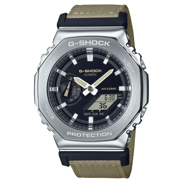 Casio G-Shock Stainless Steel Octogon Multi Funtction Watch On Cloth Strap (GM2100C-5A)