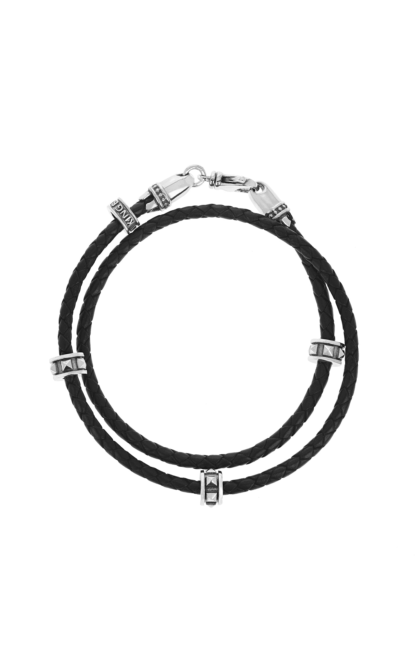 King Baby Double Wrap Leather Bracelet W/ Sterling Silver Micro Stackable Pyramid Rings