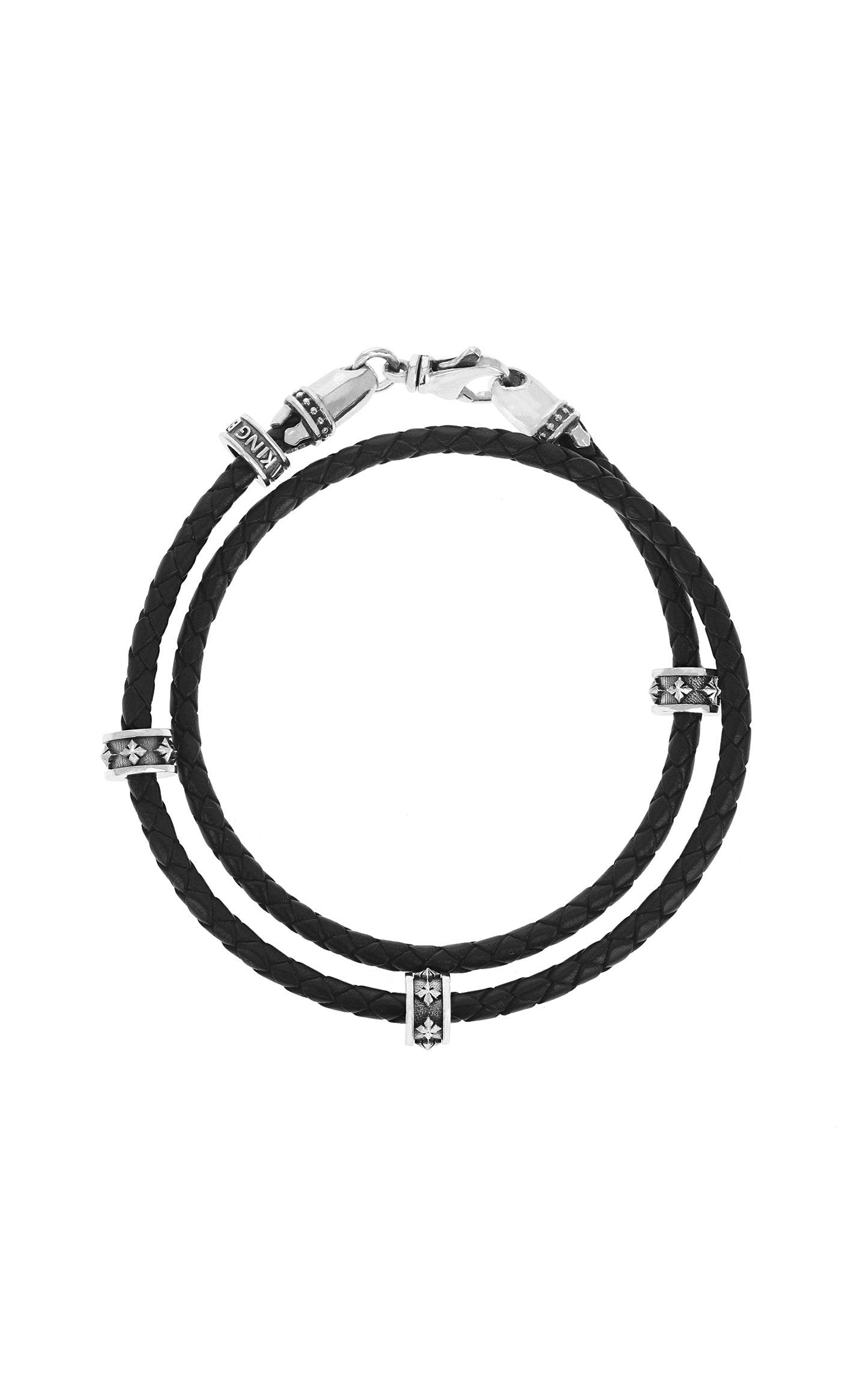 King Baby Double Wrap Leather Bracelet W/ Sterling Silver Micro Stackable Mb Cross Rings