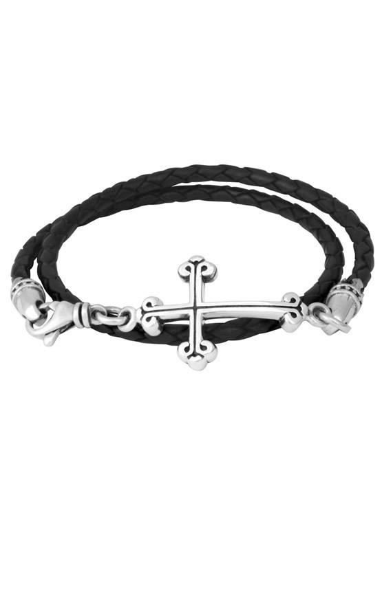King Baby Sterling Silver Thin Braided Leather Traditional Cross Double Wrap Bracelet 
Length: 8.75 inch