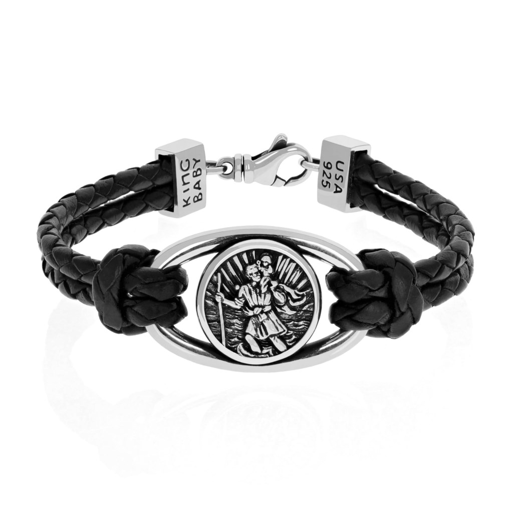 King Baby Sterling Silver Saint Christopher Braided Leather Bracelet 
Size : 8.75 Inch