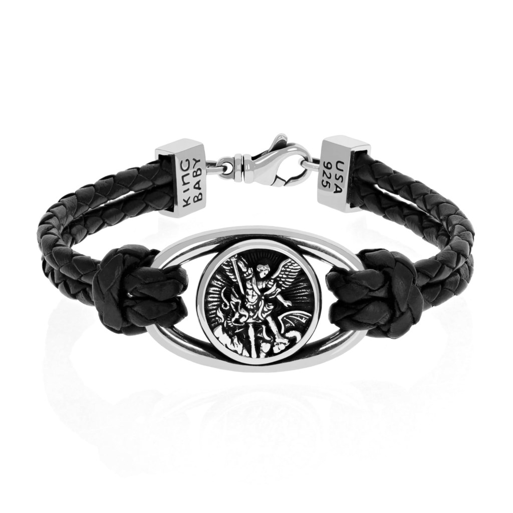King Baby Sterling Silver Saint Michael Braided Leather Bracelet
Size: 8.75 Inch