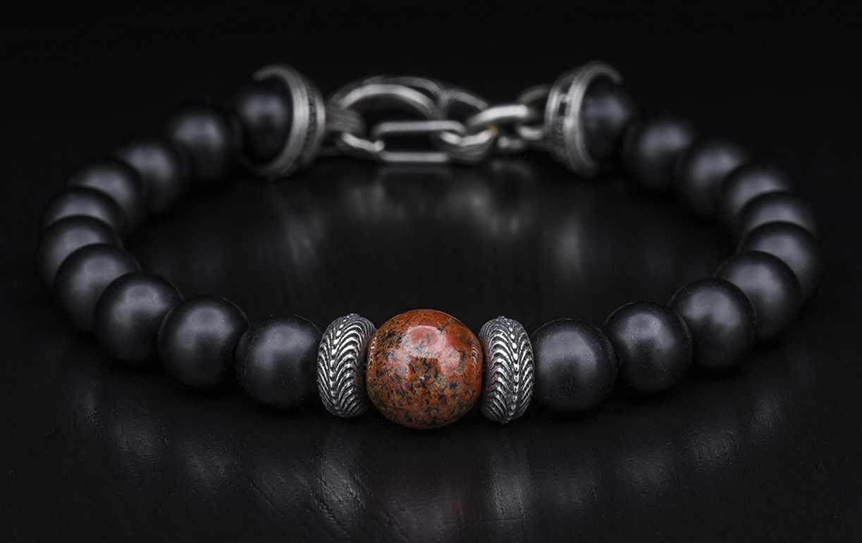 William Henry: Bead Bracelet With 8.00Mm Bead Black Onyxs w/ Dinosaur Bone Bead 10mm  w/ Sterling Silver Clasp
Length: 8.75