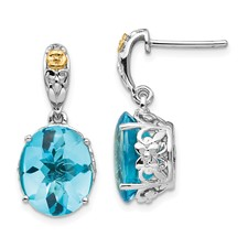 Sterling Silver with 14 Karat Accent Oval Blue Topaz Dangle Post Earrings