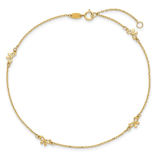 14 Karat Yellow Gold Bow Station Anklet  
9 Inch