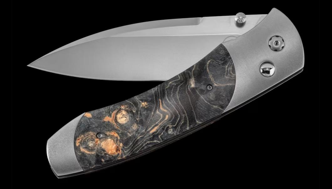 William Henry Titanium Pocketknife With Stainless Blade And Dyed Gray Maple Burl Wood