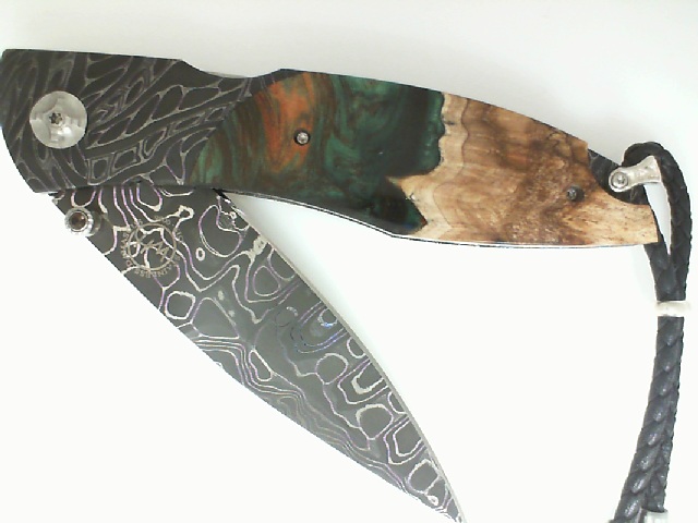 William Henry Titanium Intrepid Damascus Knife With Dark Forest Wood/Resin Inlay, Smokey Quartz 
02/15
