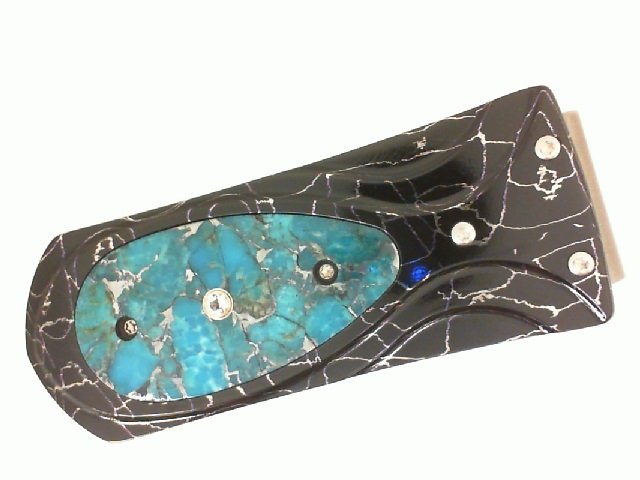 Willian Henry Money Clip Damascus Steel with Zinc-Matrix Kingman Turquoise and White Topaz 
123/500