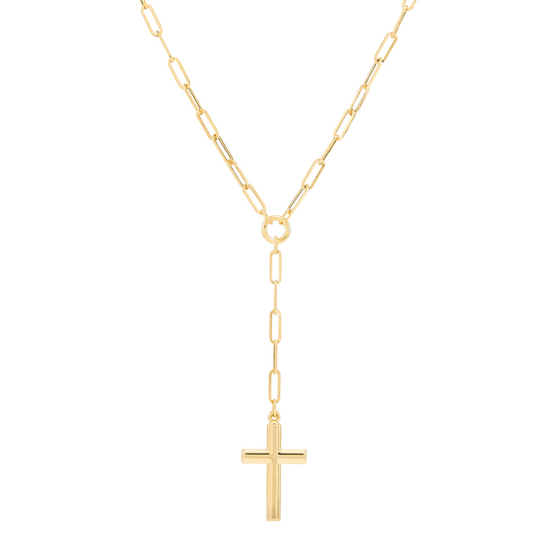 14Ky Polished Cross Lariat On Paperclip Chain - 18"