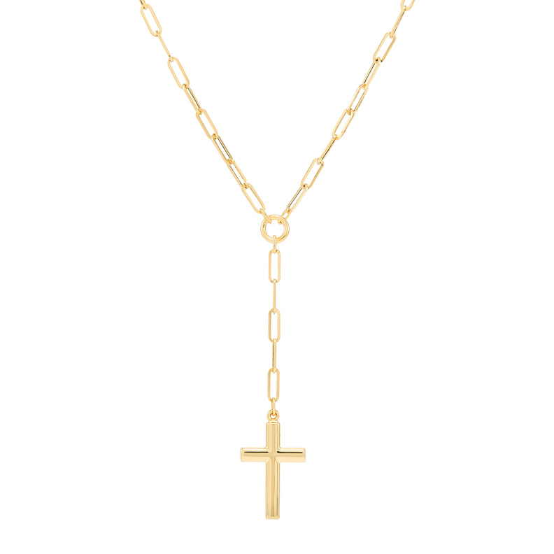 14Ky Polished Cross Lariat On Paperclip Chain - 18"