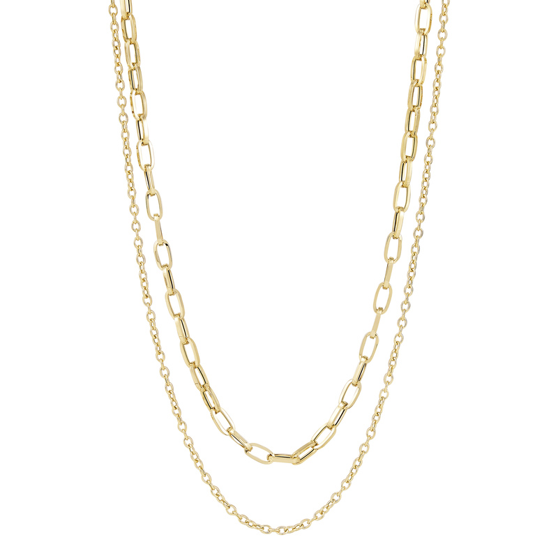 14Ky Polished Double Layers W/Paperclip/Rolo Chain Necklace - 16"