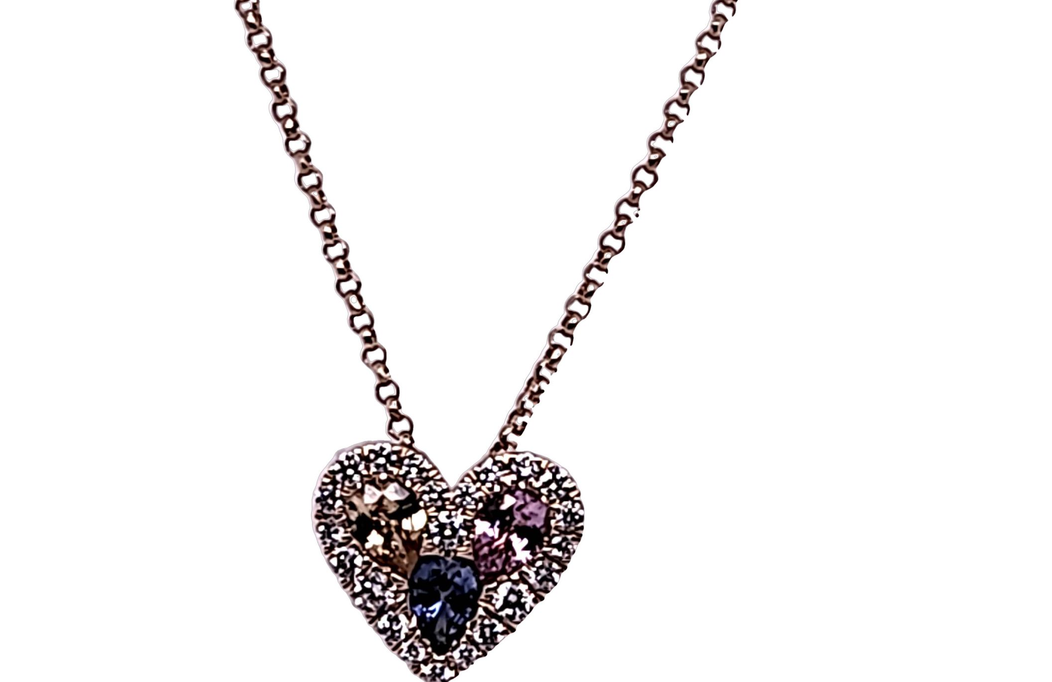 14Ky Multi Color Sapphire & Diamond Heart Pendant  Y P & B Sapph = .59Cttw  22D=.17Cttw G/H Vs2/Si1