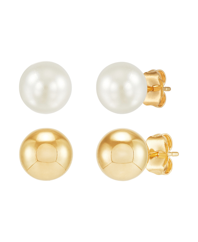 14Ky 8Mm Gold Ball & 8-8.5Mm White Pearl Stud Earring Set