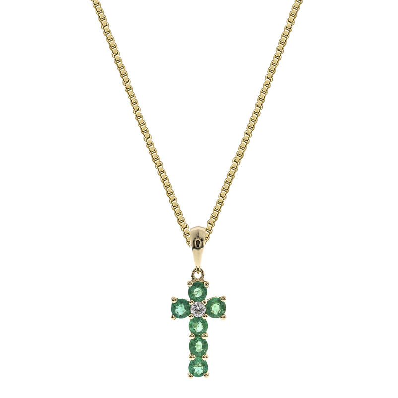 10ky Emerald Cross Pendant  E=.7cttw D=.04cttw