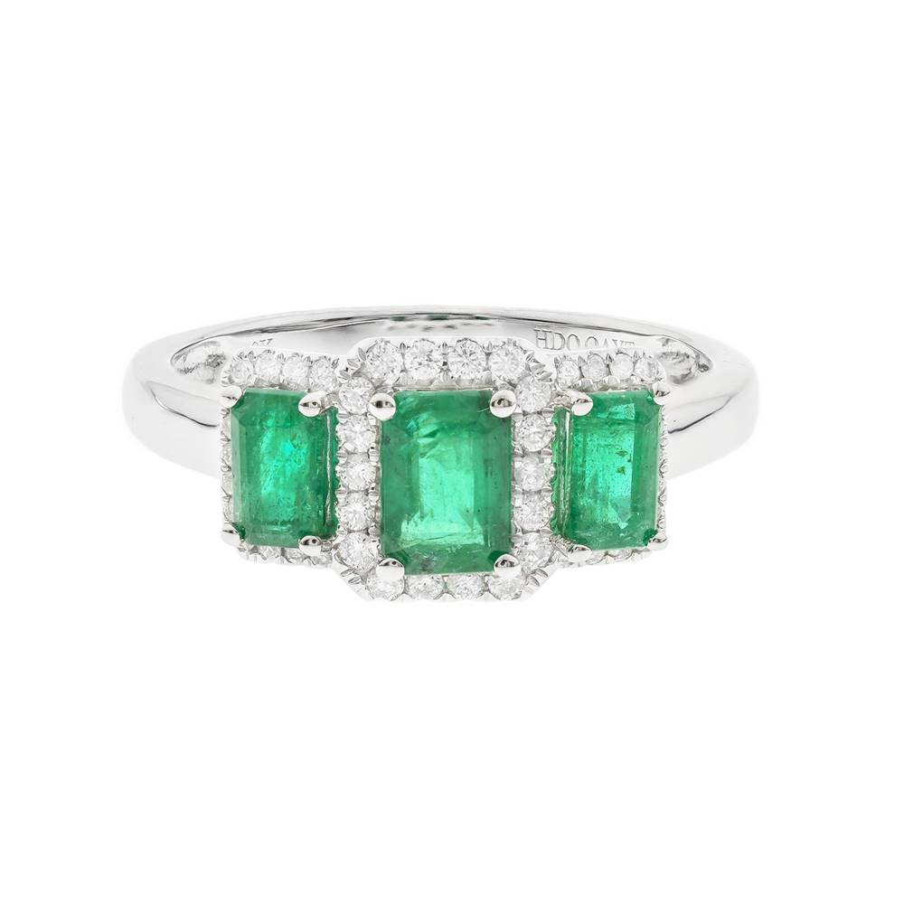 10kw Three Stone Emerald w/ Halos  E=.55ct D=.19cttw