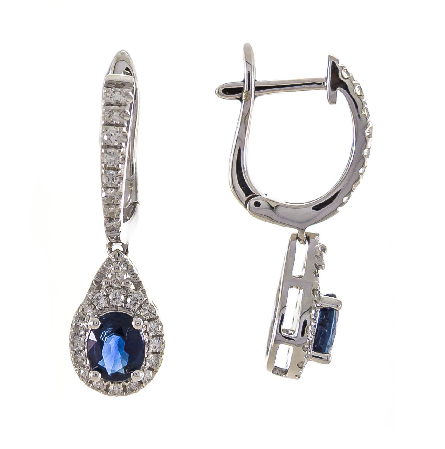 10kw Saph Pear w/ Halo Drop Earrings  S=.90cttw D=.3cttw
