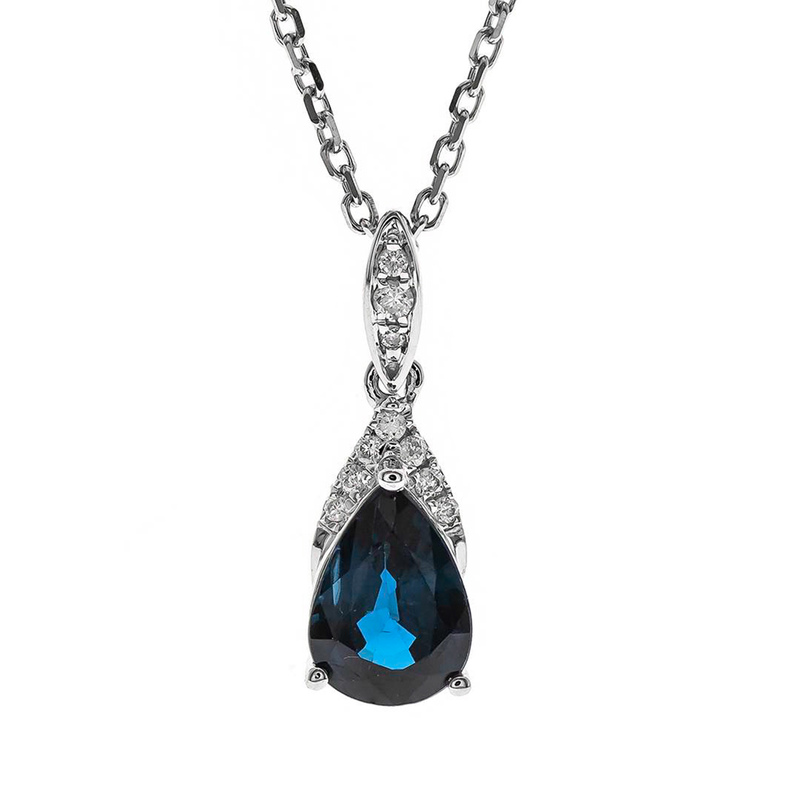 10kw Pear Saph Pendant  S=.9ct D=.04cttw