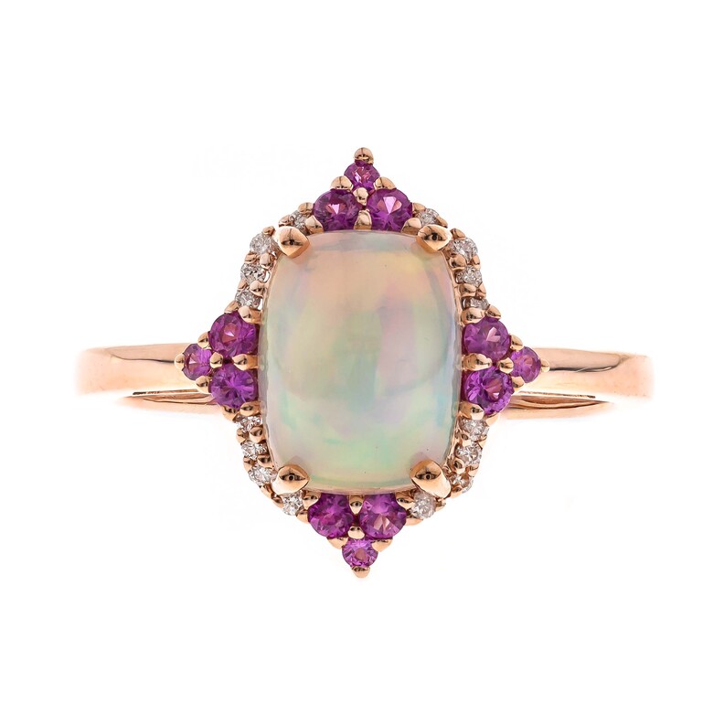 10KR ETH OPAL RING W/ RUBY & DIA  EO=1.19 HR=.22 D=.05
