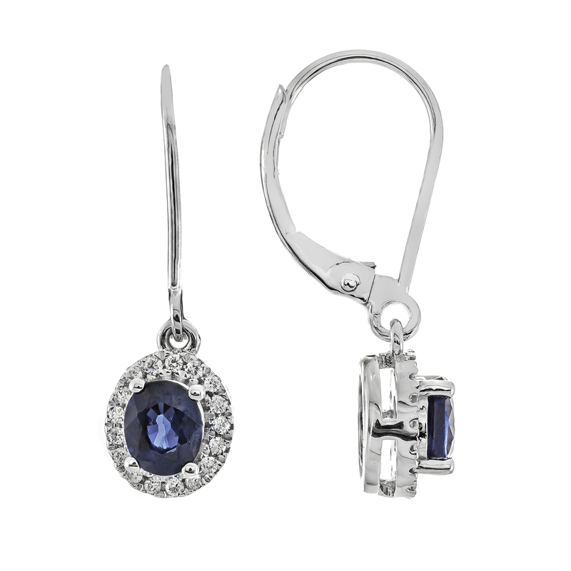 10Kw Oval Sapphire Dangle Earrings W/Diamond Accents  2Sa=.85Ct D=.13Ct
