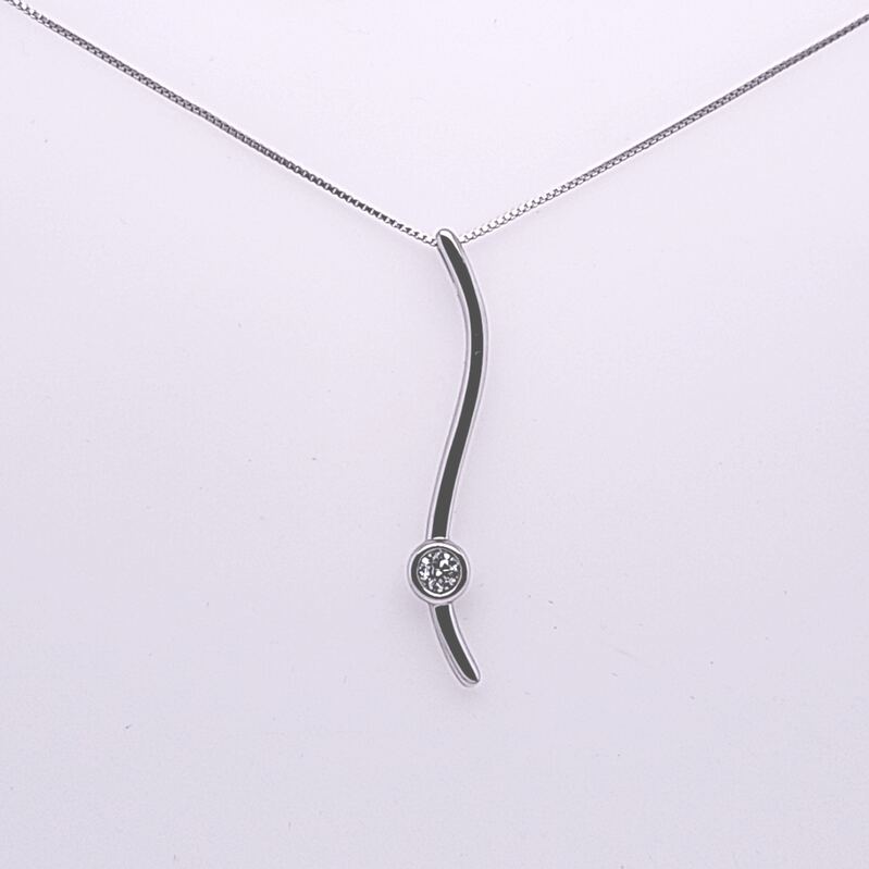 Ss .15Ct Bezel Set Diamond Stick Pendant W/Chain