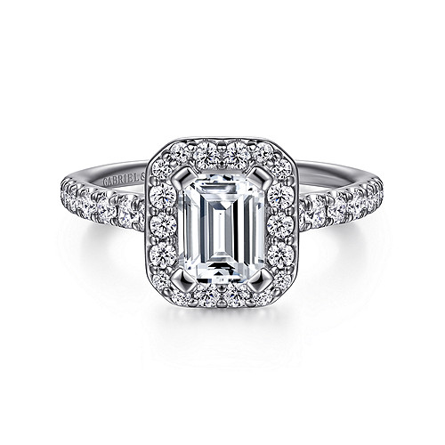 14K White Gold Halo Emerald Cut Diamond Engagement Ring - 0.49 Ct