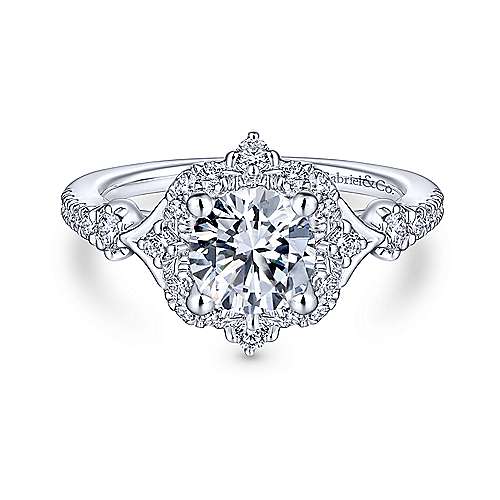 Unique 14K White Gold Vintage Inspired Halo Diamond Engagement Ring - 0.34 Ct