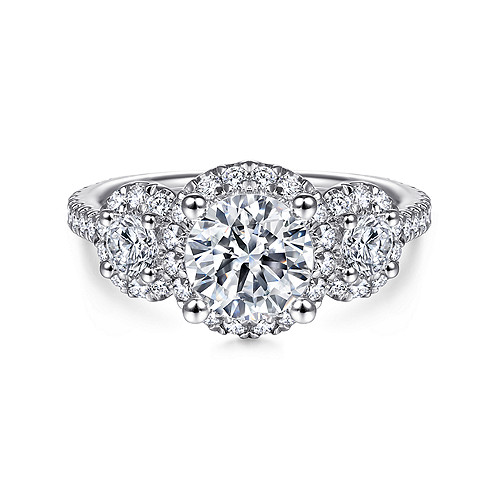 14K White Gold Round 3 Stone Halo Diamond Engagement Ring - 0.76 Ct