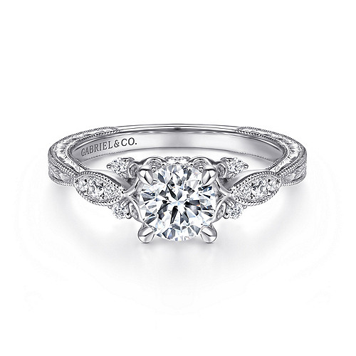 Vintage Inspired 14K White Gold Round Diamond Engagement Ring - 0.13 Ct
