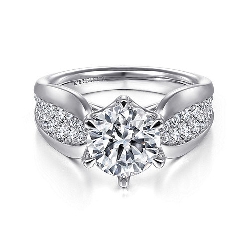 14K White Gold Wide Band Round Diamond Engagement Ring - 0.65 Ct
