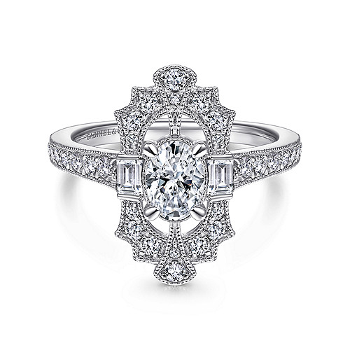 Art Deco 14K White Gold Oval Halo Diamond Engagement Ring - 0.51 Ct