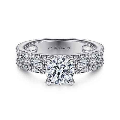 14K White Gold Wide Band Round Diamond Engagement Ring - 0.97 Ct