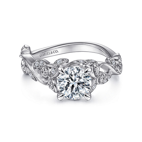 14K White Gold Floral Round Diamond Engagement Ring - 0.14 Ct