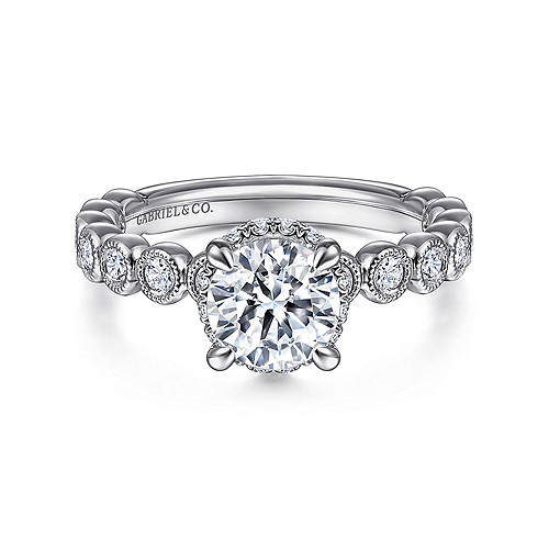 Vintage Inspired 14K White Gold Round Diamond Engagement Ring - 0.55 Ct