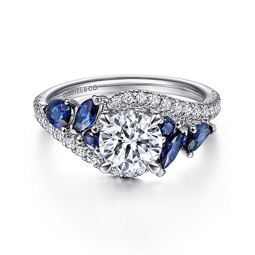 14K White Gold Bypass Round Sapphire And Diamond Engagement Ring - 0.32 Ct