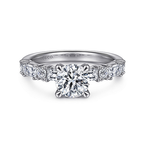 14K White Gold Baguette And Round Diamond Engagement Ring - 0.69 Ct