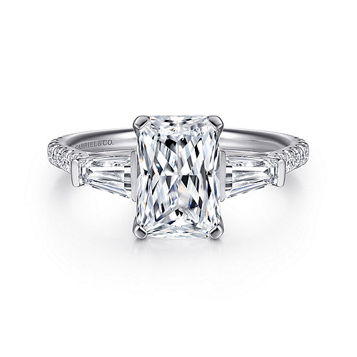 14K White Gold Emerald Cut Three Stone Diamond Engagement Ring - 0.55 Ct