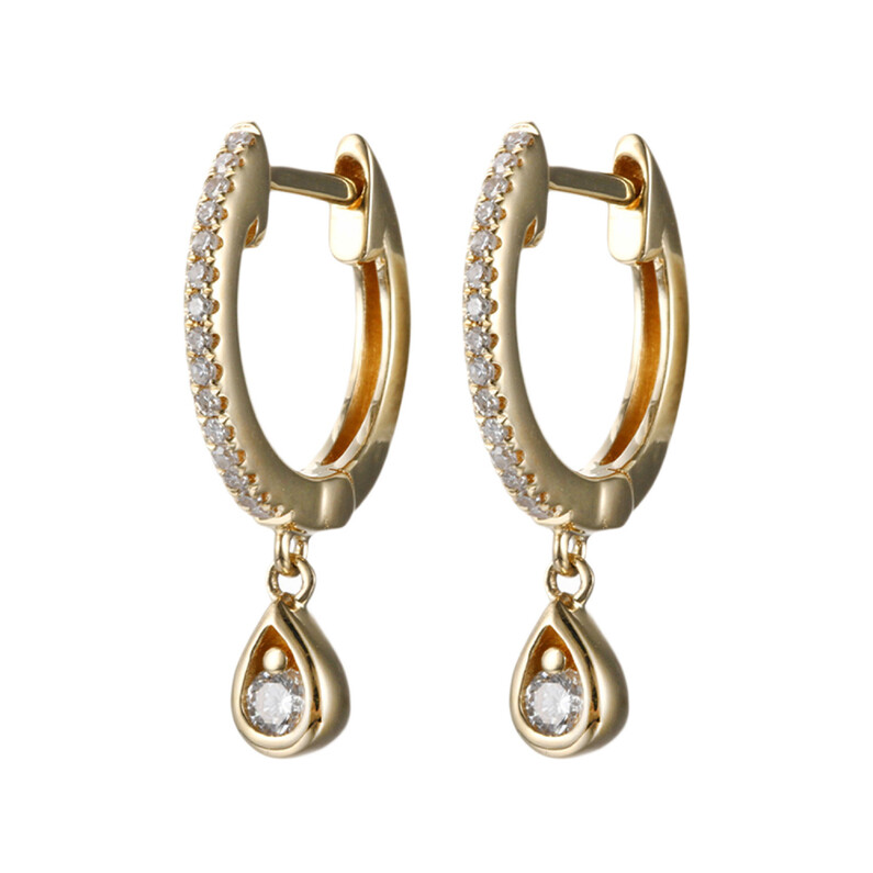 14Ky 1/8Cttw Petite Diamond Hoops W/Dangle