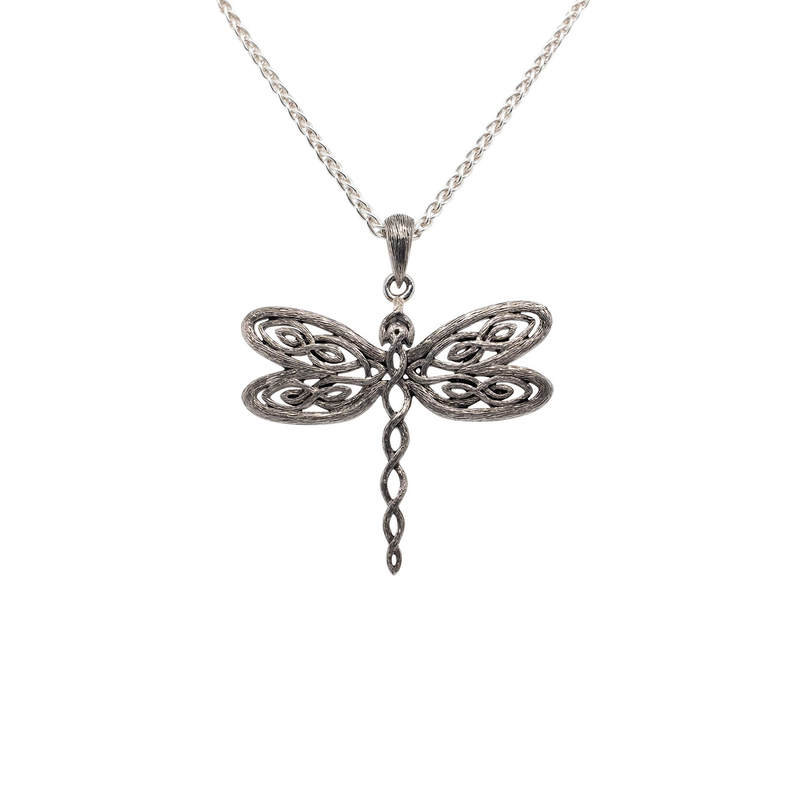 SS Rhodium Barked Dragonfly Pendant
