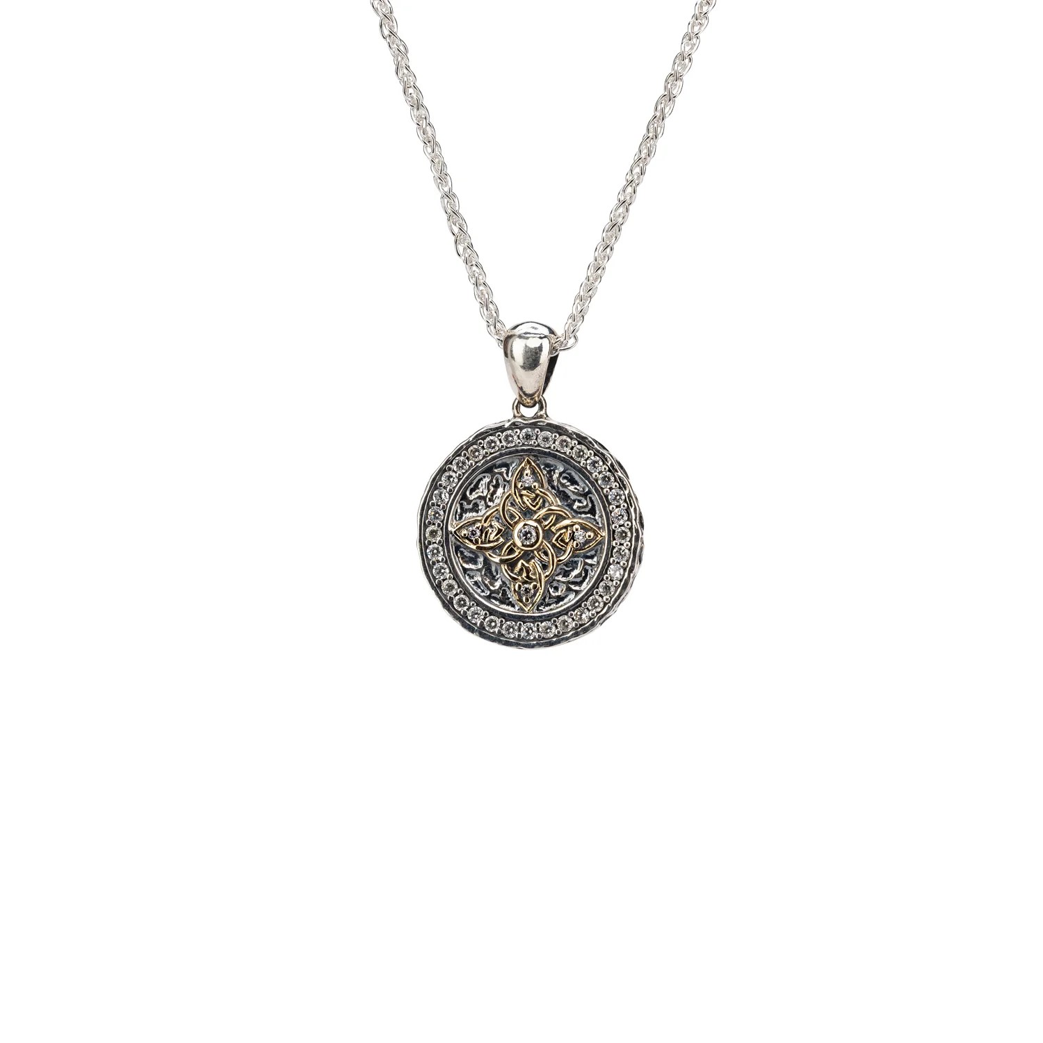 Ss/10K Cz Celestial Reversible Small Medallion Pendant W/Chain