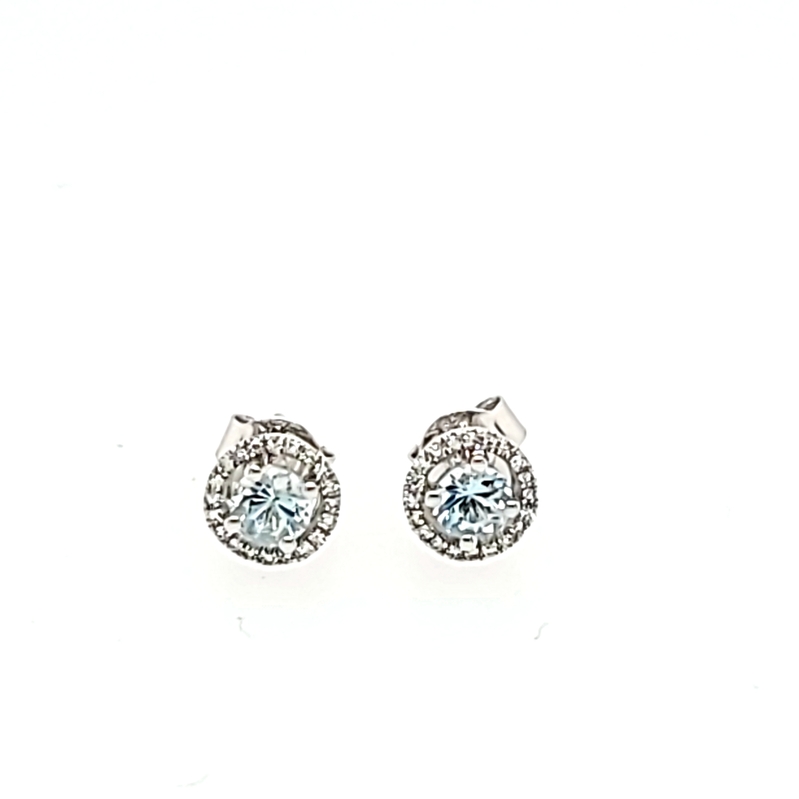 14Kw Aqua & Diamond Halo Stud Earrings