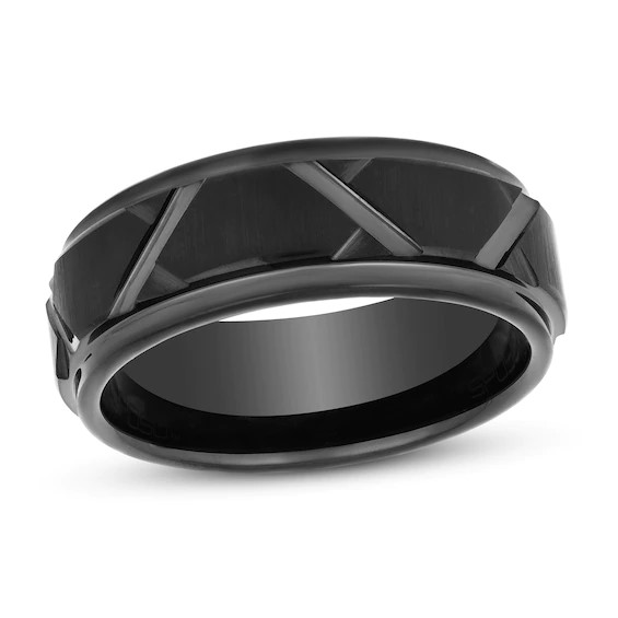 Tungsten 8Mm Black Ip Geometric Ring - Size 10