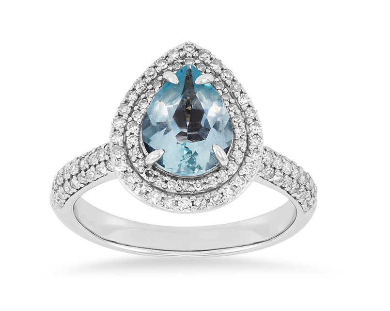 14kw Pear Aqua and Dia Ring  Dbl Halo 0.6cttw