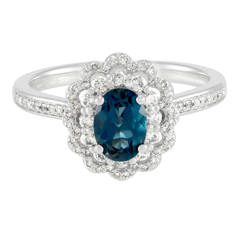 14kw London Blue and Dia Ring  Dbl Halo 0.4cttw