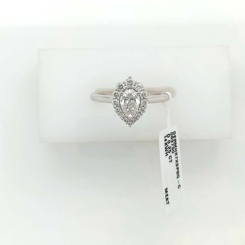 14Kw .76Cttw Pear Shape Halo Diamond Ring  1Pd=.51Ct F Si1  14Rd=.25Ct H/I Si2  Gia Cert #22357795032