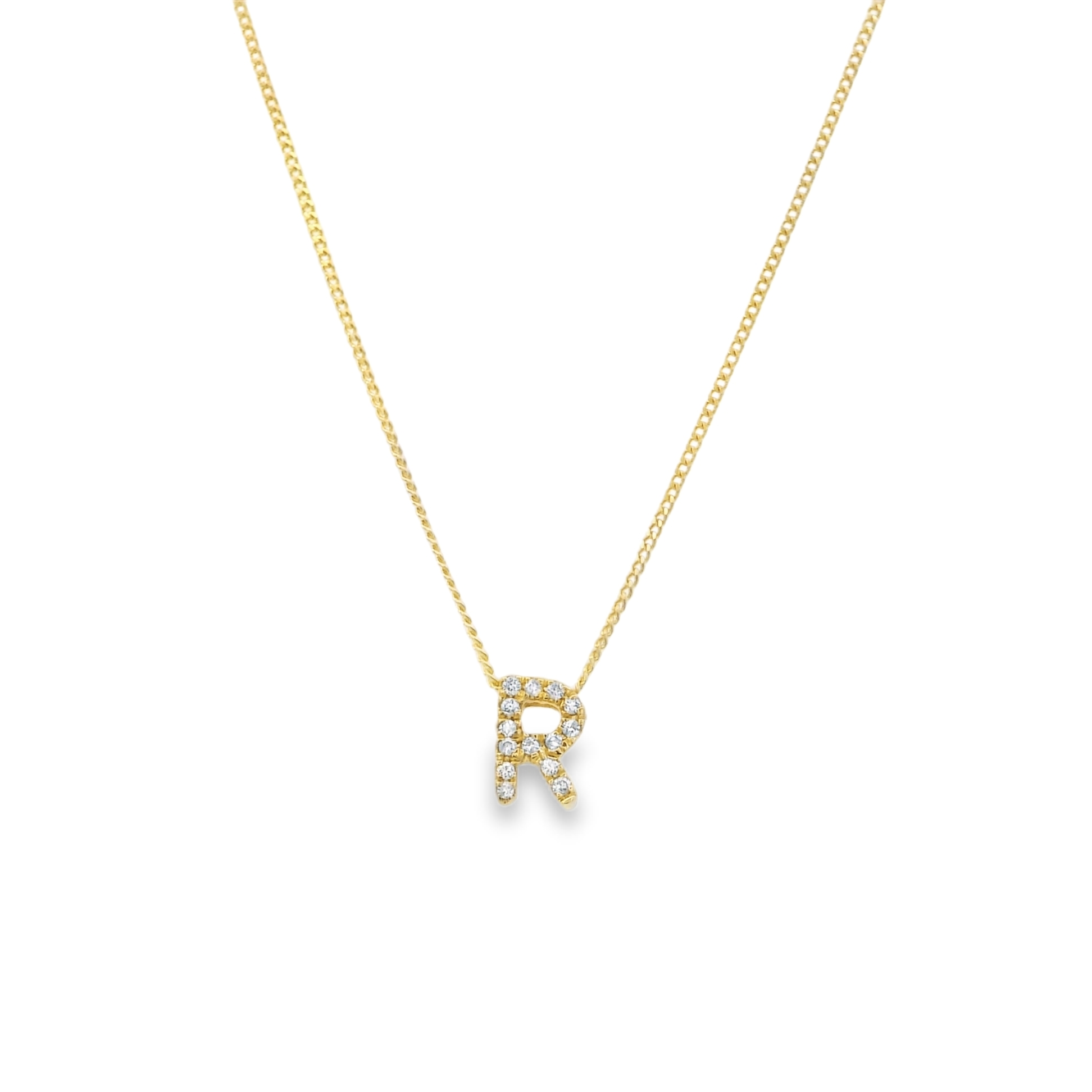 14ky Diamond R Pendant  0.04cttw 18" Adjustable