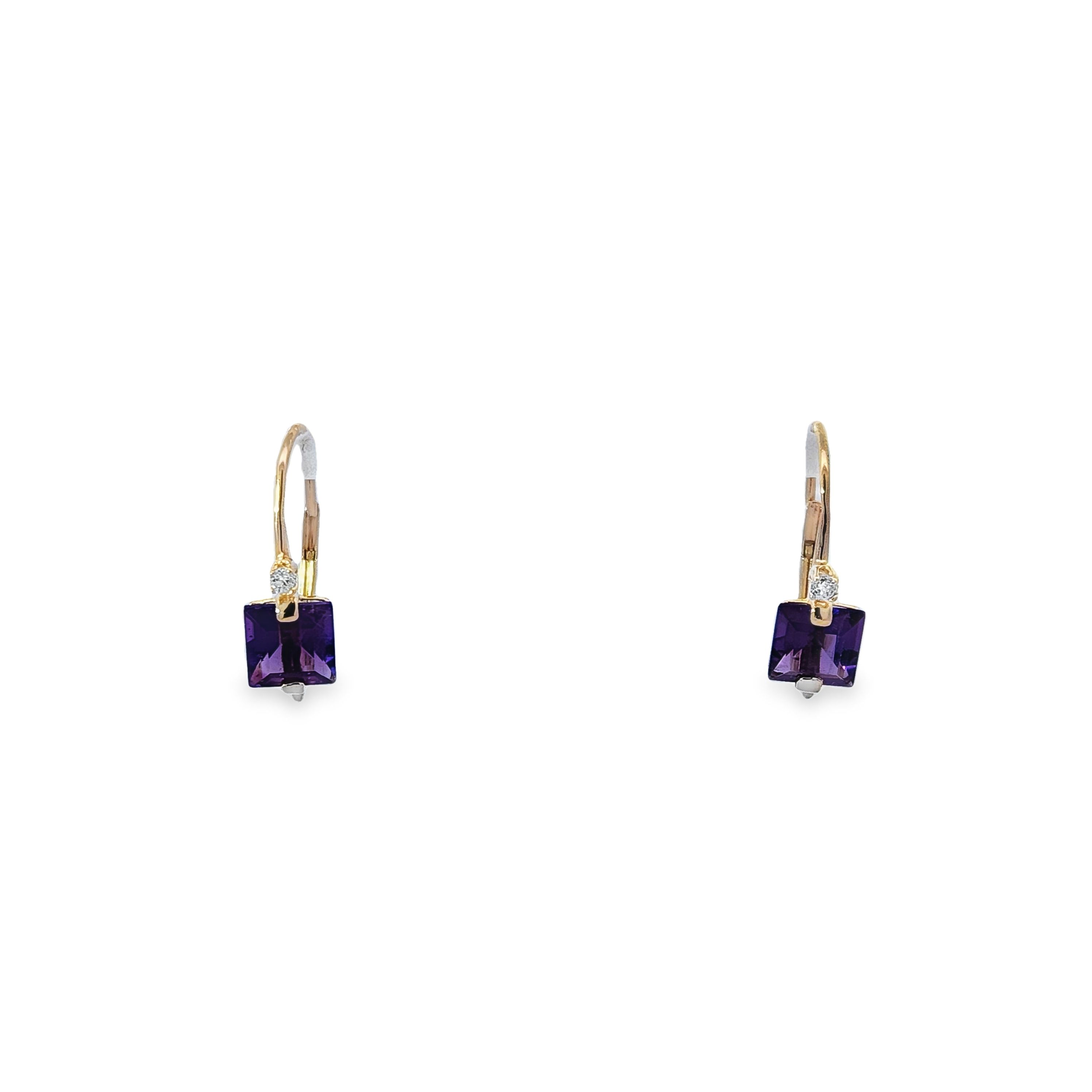 14Ky Sq. Amethyst W/Dia. Accent Earrings  2Am=2Ct  D=.05Ct